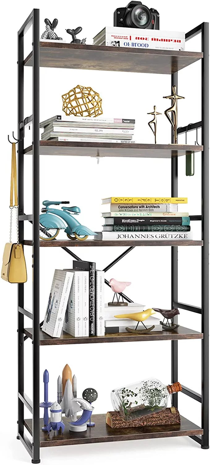 5 Tier Wood Bookcase with 4 Hooks Q95143