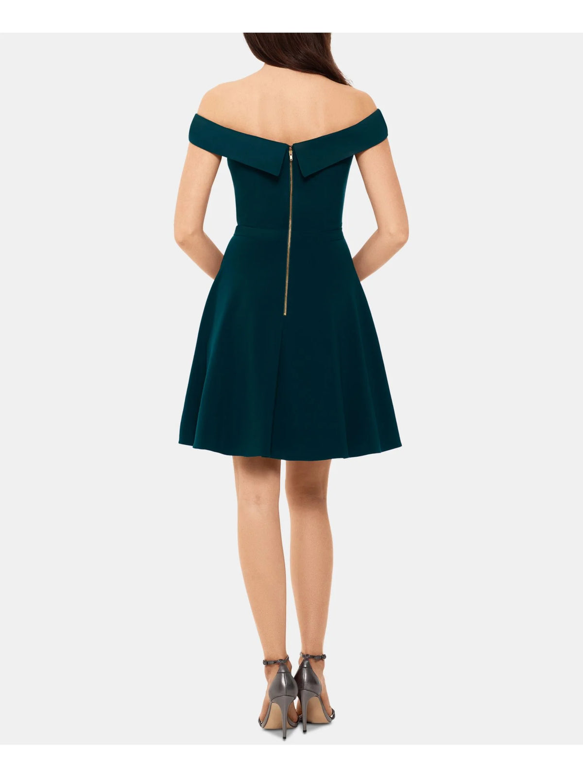 Green Short Sleeve Off Shoulder Mini Fit + Flare Dress B327