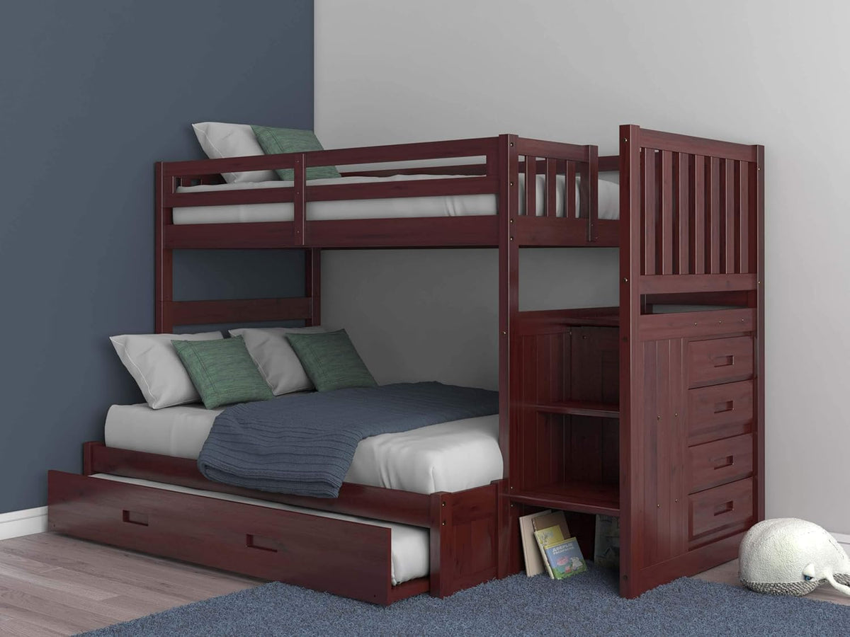Twin Over Full Staircase Bunk Bed with Trundle in Merlot Finish X7241