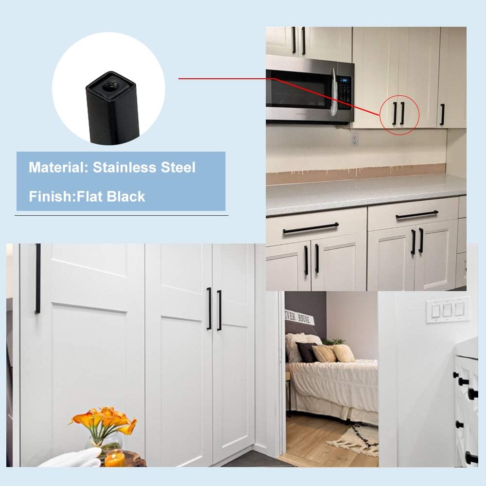 10 Pack Black Square Bar Cabinet Pull Drawer Handle Stainless Steel, Center to Center 6-1/4in (160mm) X7122