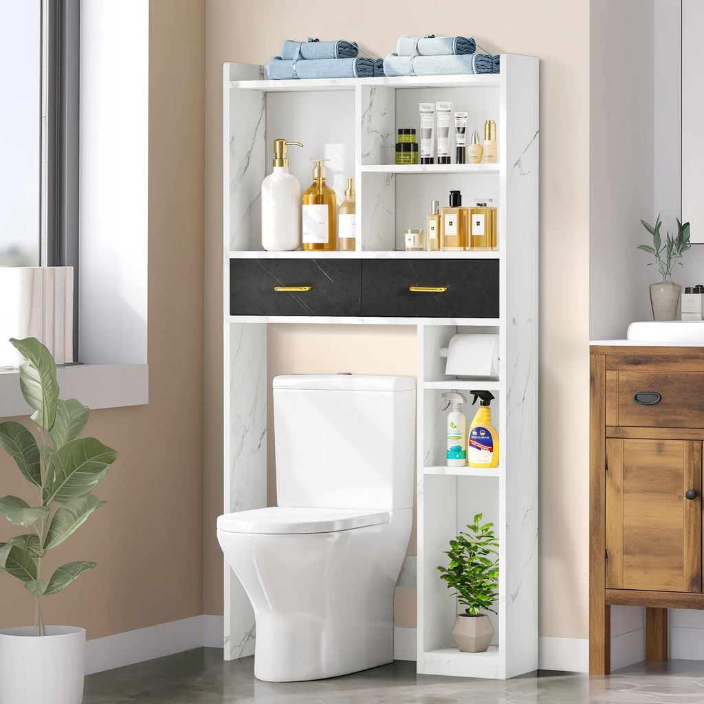 White Over The Toilet Storage Cabinet with Drawers and Adjustable Shelf I596