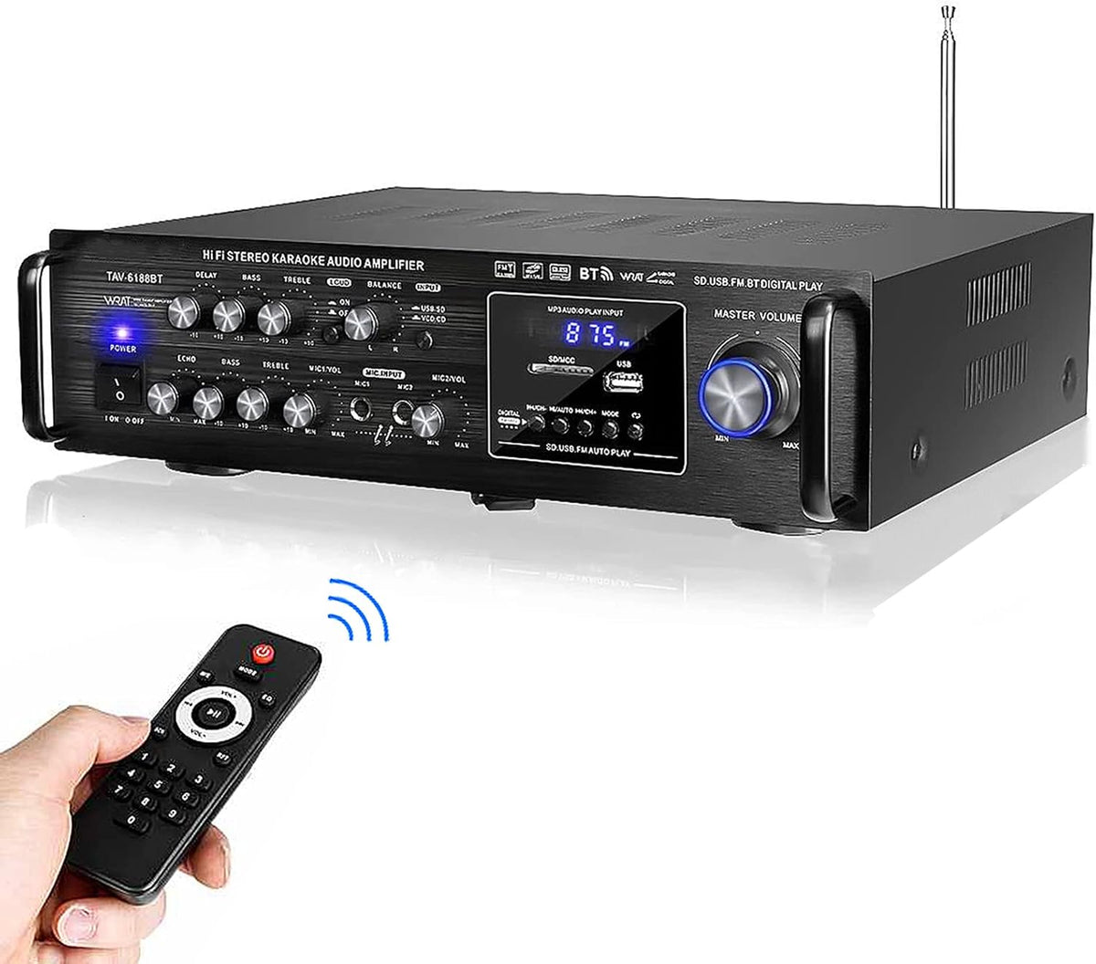 Bluetooth Stereo Power Amplifier with FM Radio, MP3/USB/SD, 2 Mic in Echo, RCA, LED O13512