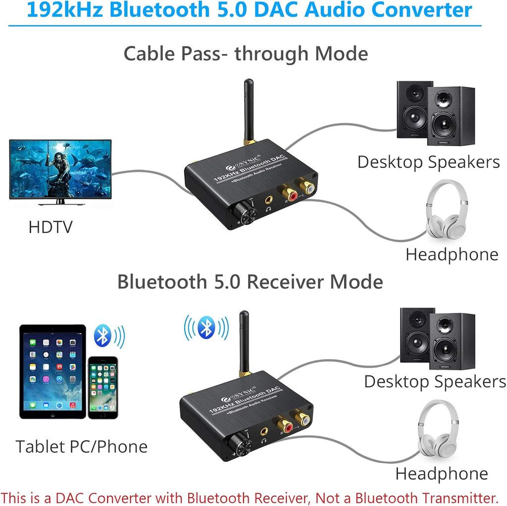 192kHz DAC Digital to Analog Audio Converter with Bluetooth 5.0 Receiver, Optical Coaxial Toslink, Stereo L/R RCA 3.5mm, Pack of 2 V970208