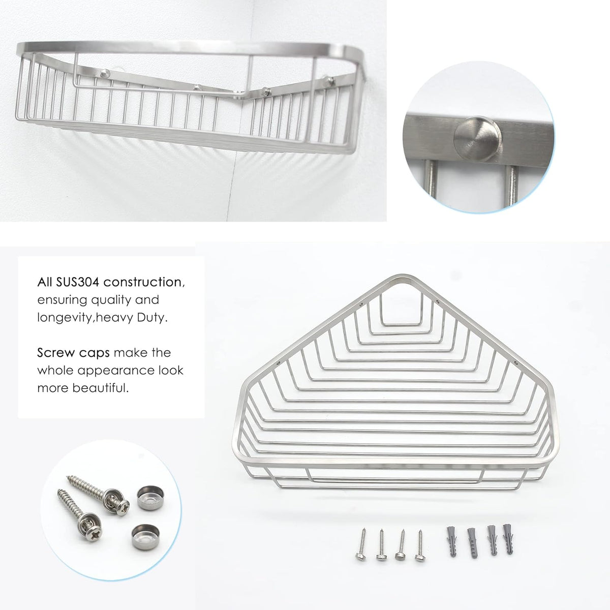Brushed Nickel SUS304 Stainless Steel Corner Shower Caddy Basket P80688