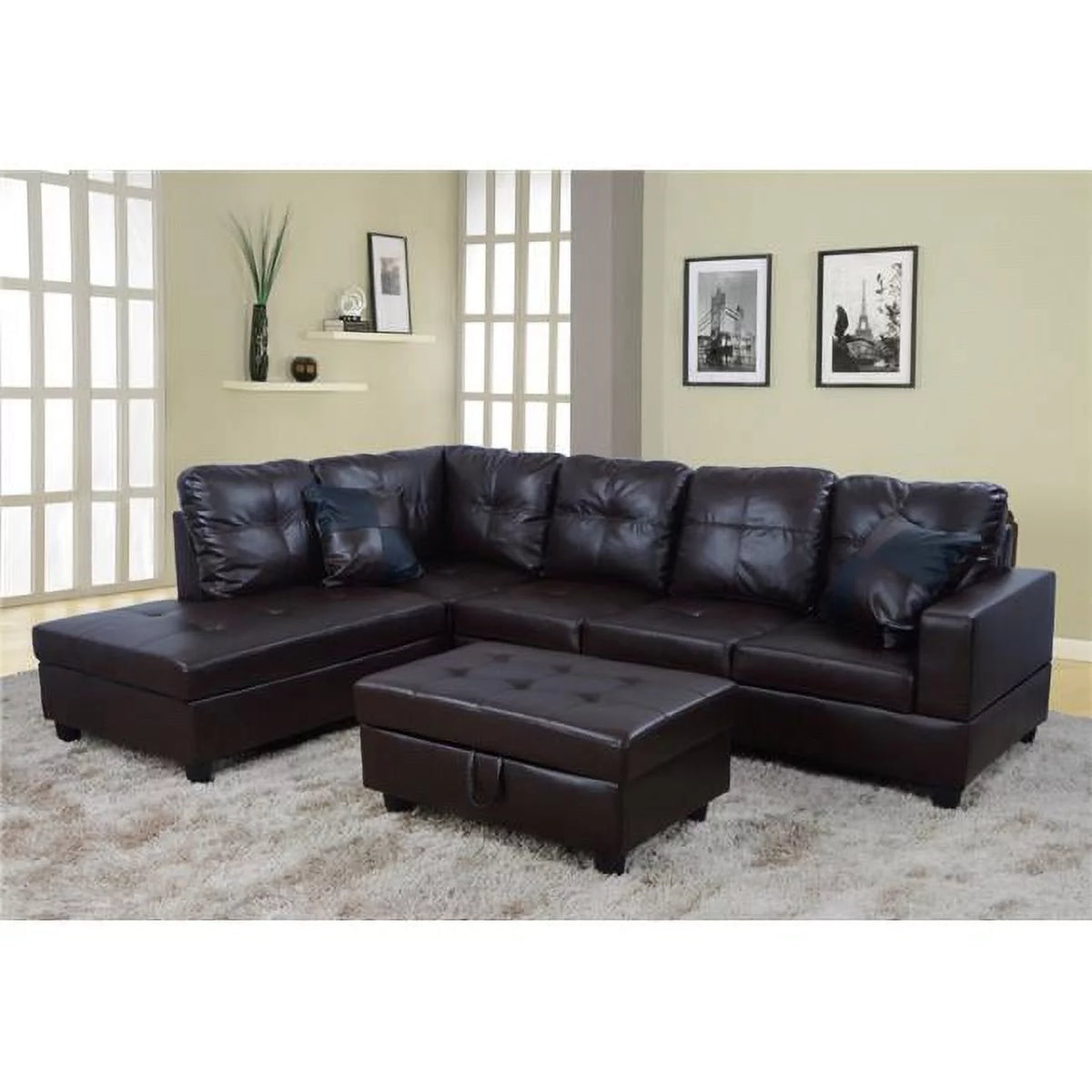 Brown Faux Leather 3 Piece Left Facing Sectional Sofa Set V278