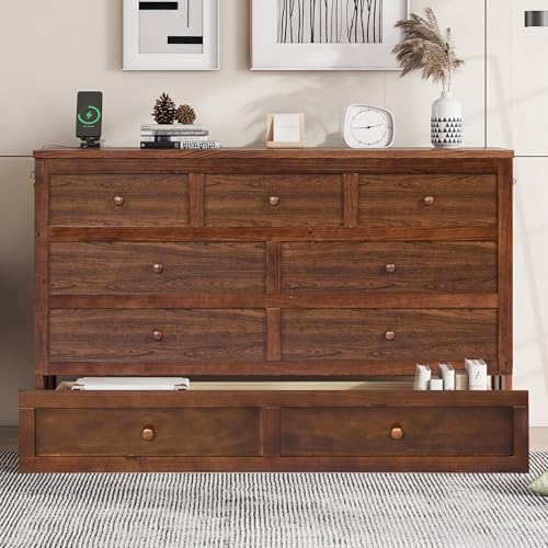 Solid Pine Queen Size Murphy Cabinet Wall Bed with Storage Drawers H99463