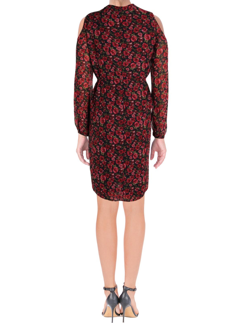 Red Floral Cold Shoulder Sheer Sheath Dress F9134