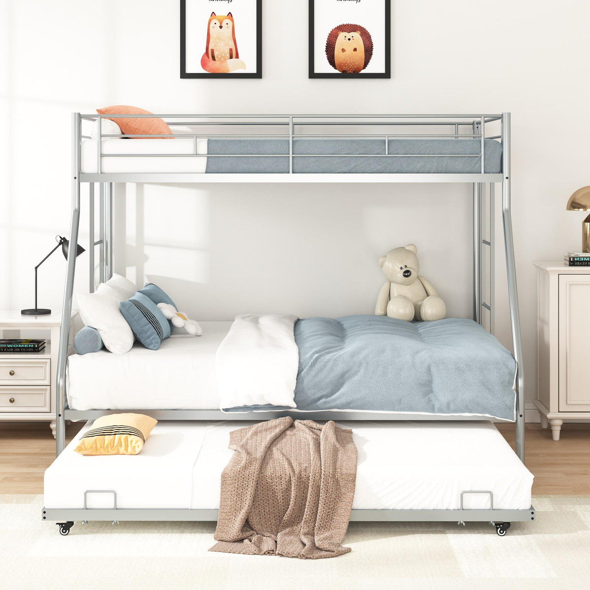 Twin Over Full Metal Bunk Beds with Trundle Bed and Side Ladders L711
