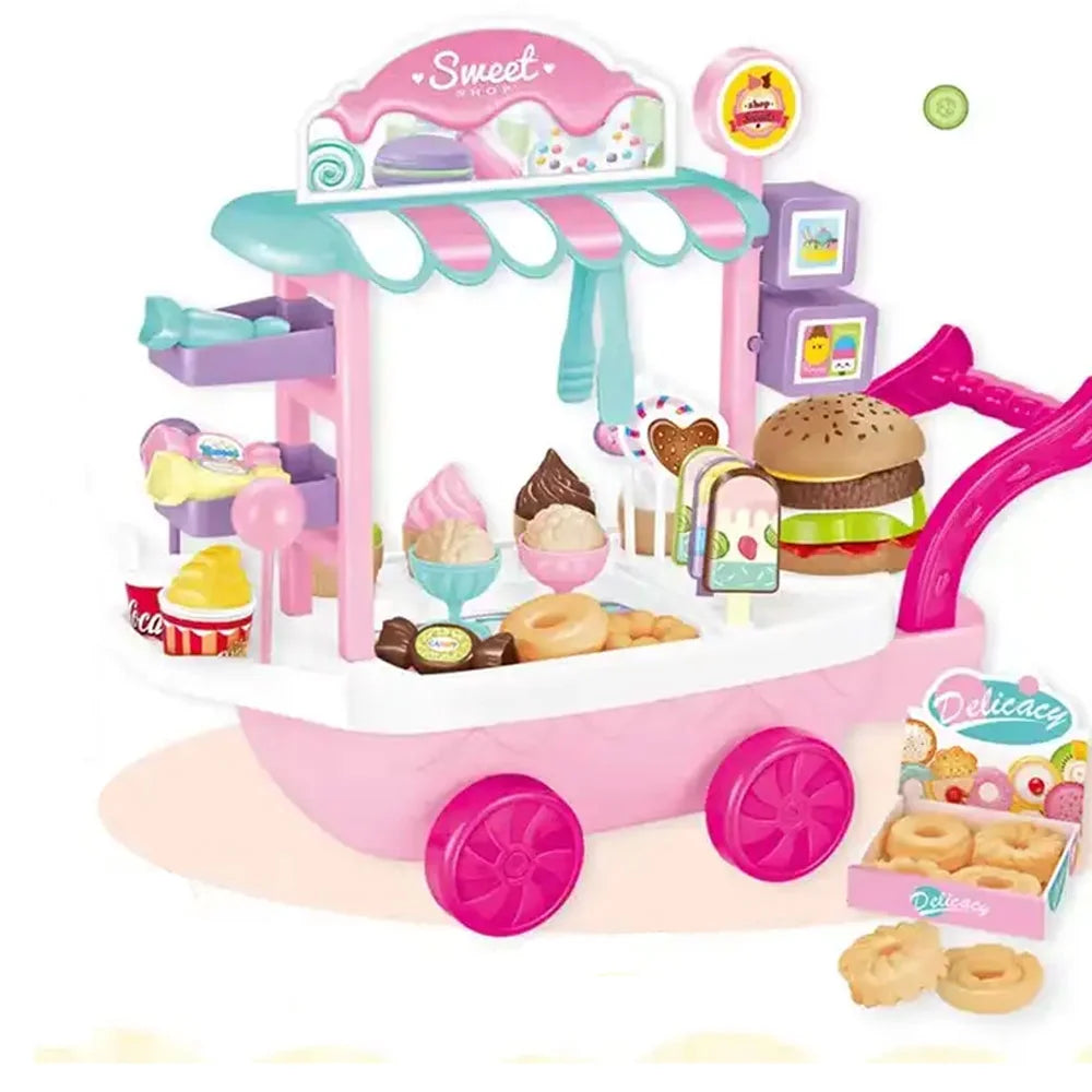 Ice Cream Cart 36pcs Pretend Play Kitchen Toy Set With Umbrella Food Dishes X670485