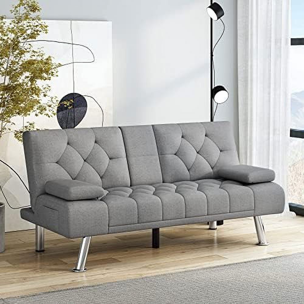 Dark Grey Upholstered Convertible Futon Sofa Bed with Removable Armrests D685