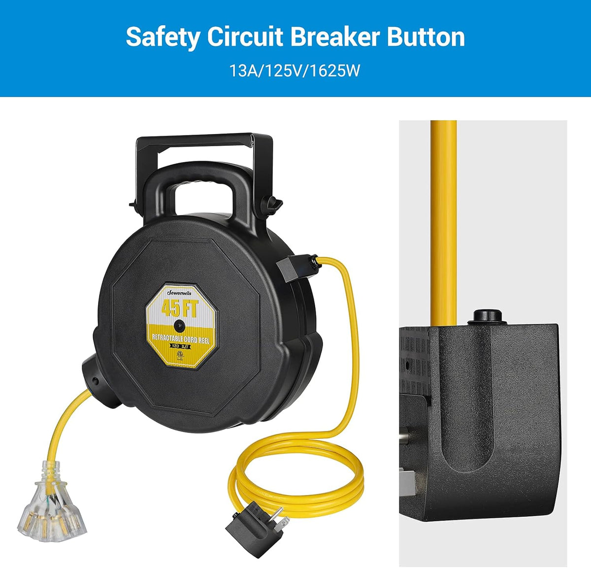 45FT Heavy Duty Retractable Extension Cord Reel with Lighted Triple Tap C55452