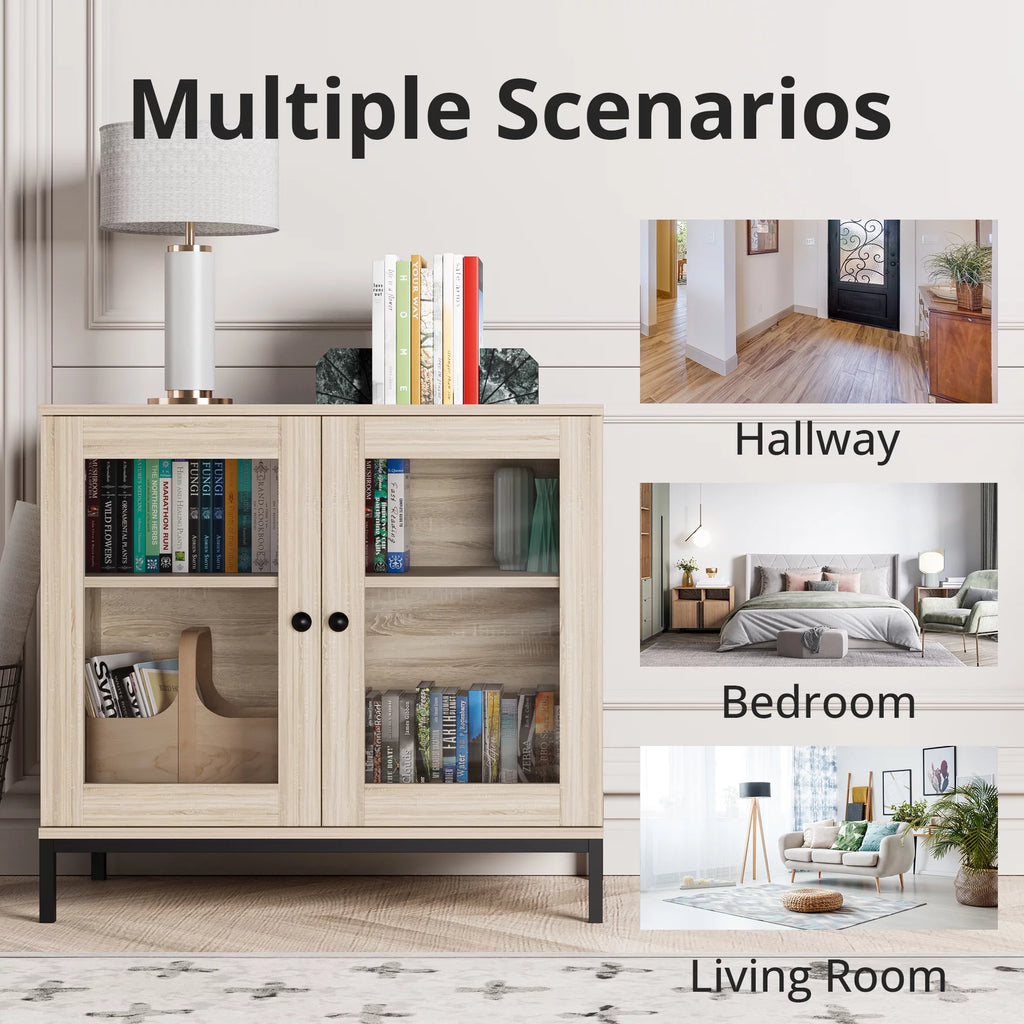Natural Wooden Sideboard Buffet Cabinet with Acrylic Glass Doors P962