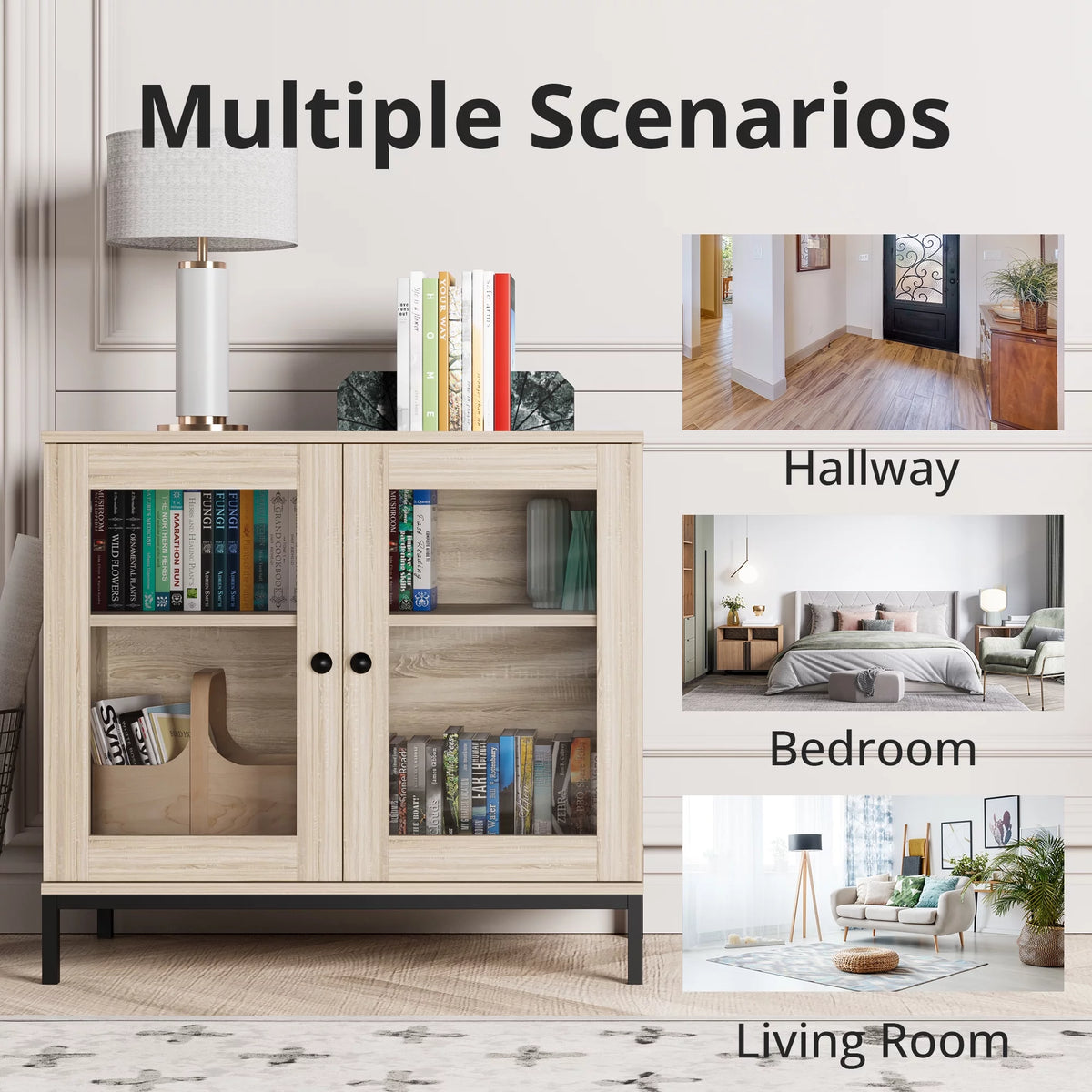 Natural Wooden Sideboard Buffet Cabinet with Acrylic Glass Doors P962