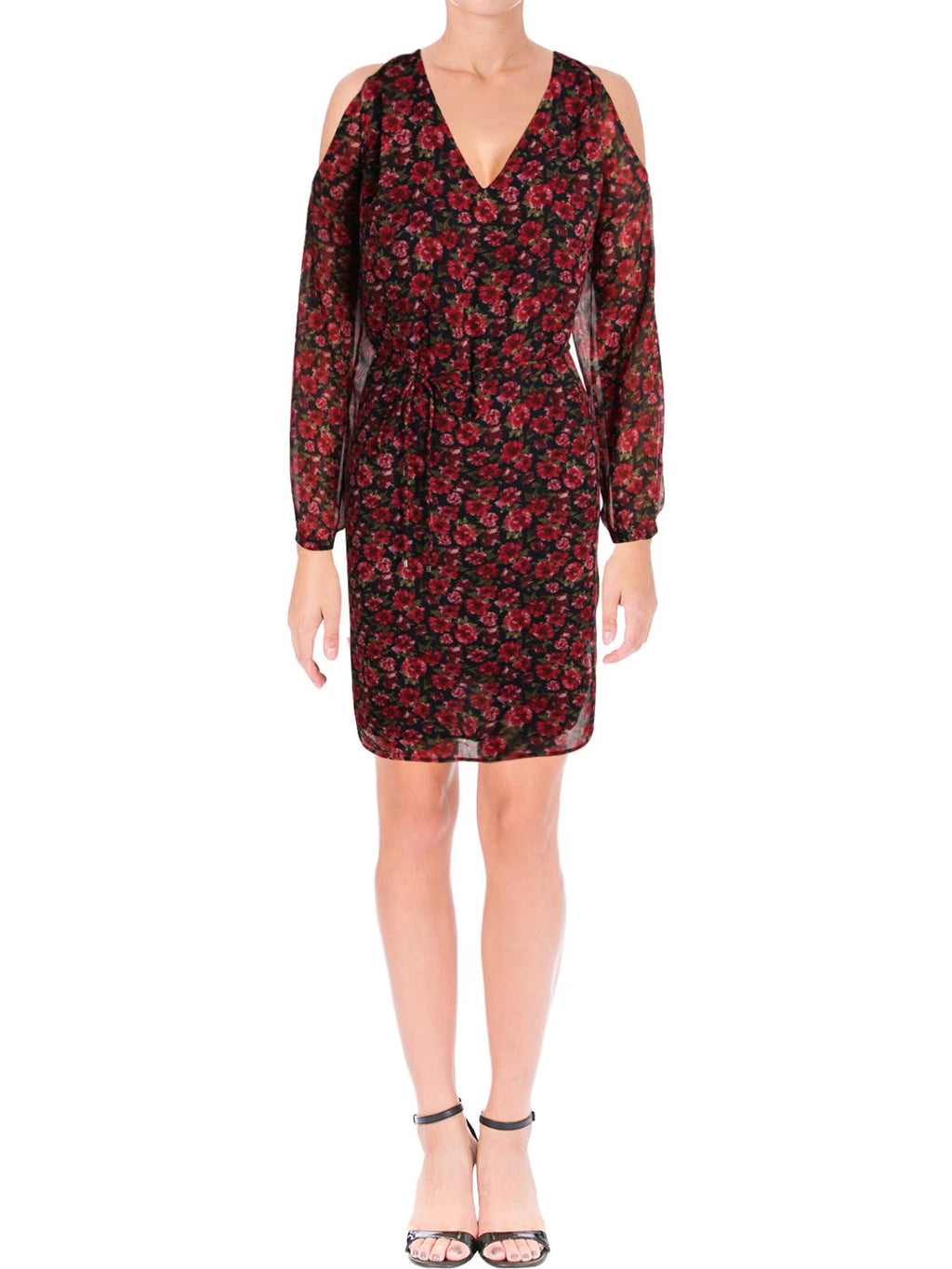 Red Floral Cold Shoulder Sheer Sheath Dress F9134