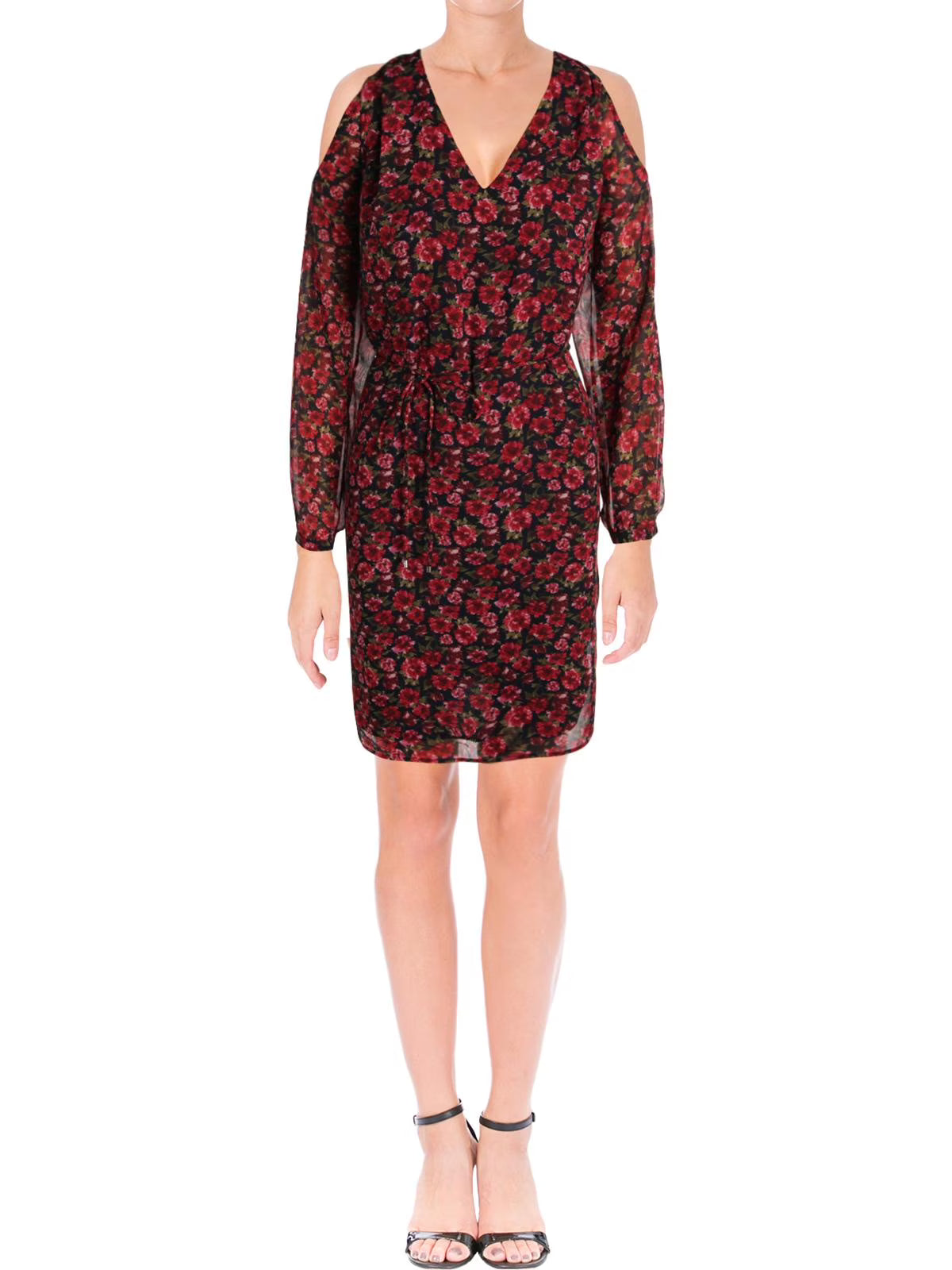 Red Floral Cold Shoulder Sheer Sheath Dress F9134