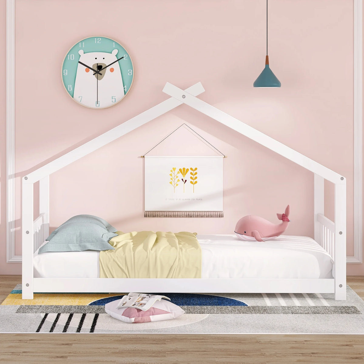 Twin Size White Wood House Bed E81787