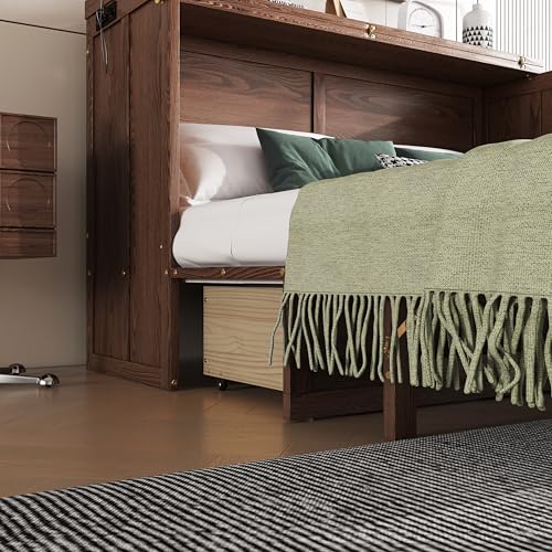 Solid Pine Queen Size Murphy Cabinet Wall Bed with Storage Drawers H99463