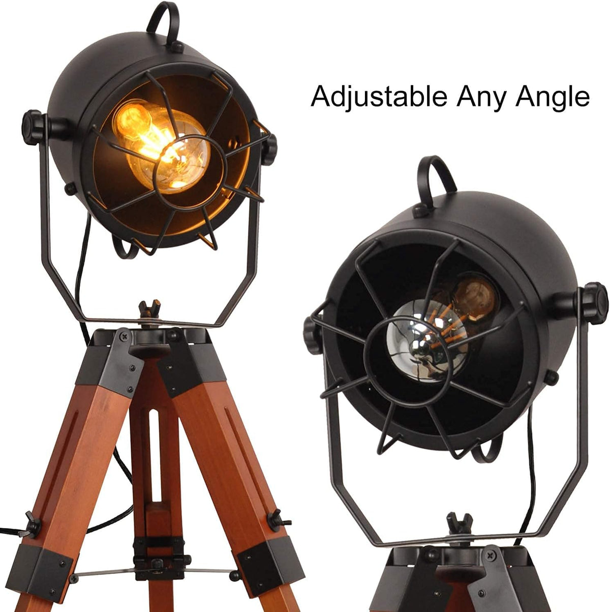 Vintage Adjustable Wood Tripod Floor Lamp with Black Cage Lampshade I94940