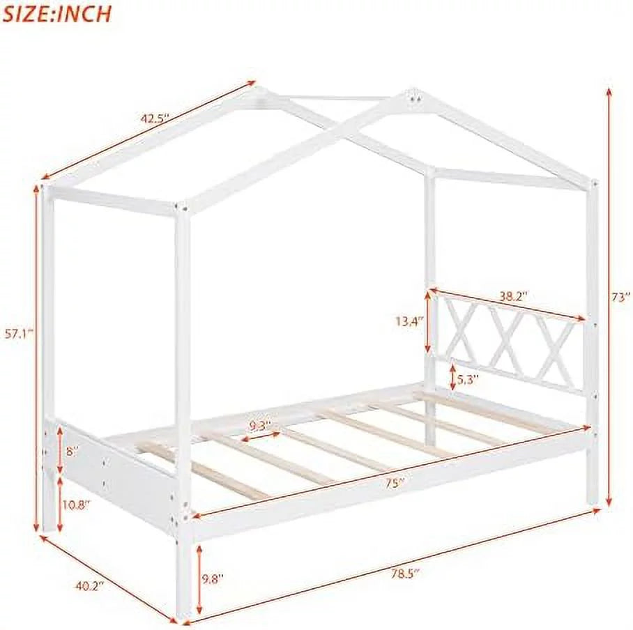 Twin Size Wood House Bed with Desk and Roof J605