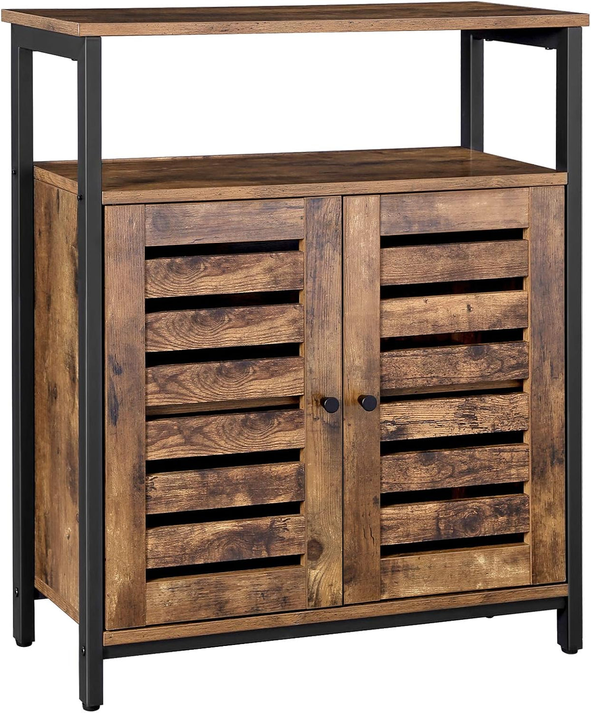 Rustic Brown and Black Storage Cabinet with 3 Open Shelves and Closed Compartments G6987